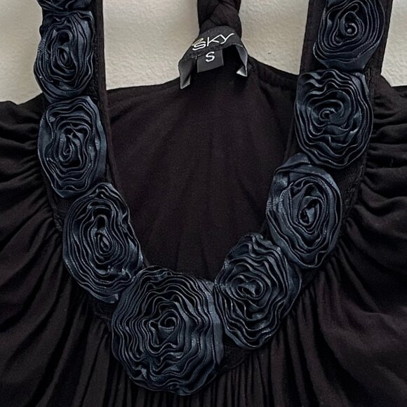 Sky Women's Black Braided Embroidered Rosette Halter Top Stretchy Sexy New Small - Picture 7 of 7